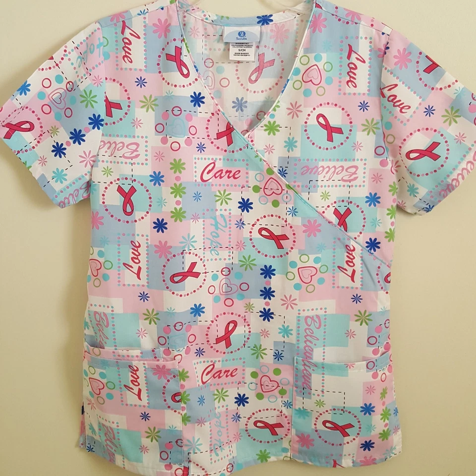 Nurse Scrub Top S Cancer Ribbon Oncology Medical SB Scrub Pullover Drawstring - Image 2 of 4
