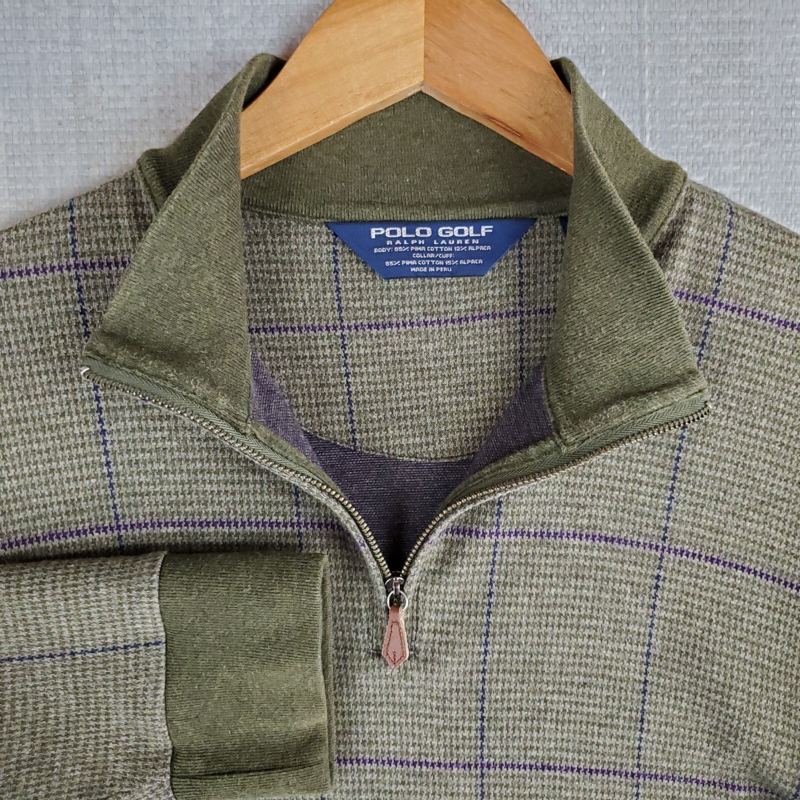 PONY POLO GOLF Taglia Large Uomo 1 4 Zip Pima Alpaca Verde Piede di Poule Finestra RL