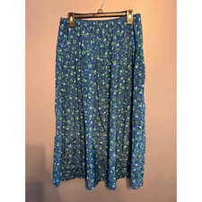 VTG Polyester Floral Mid Length Floral Skirt SZ14 Blue Green, Cottagecore, 80s