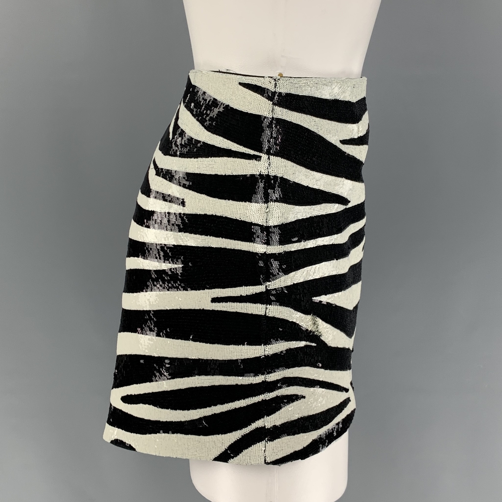 SAINT LAURENT Size 2 Black Cream Zebra Print Acetate Viscose Sequined Mini Skirt