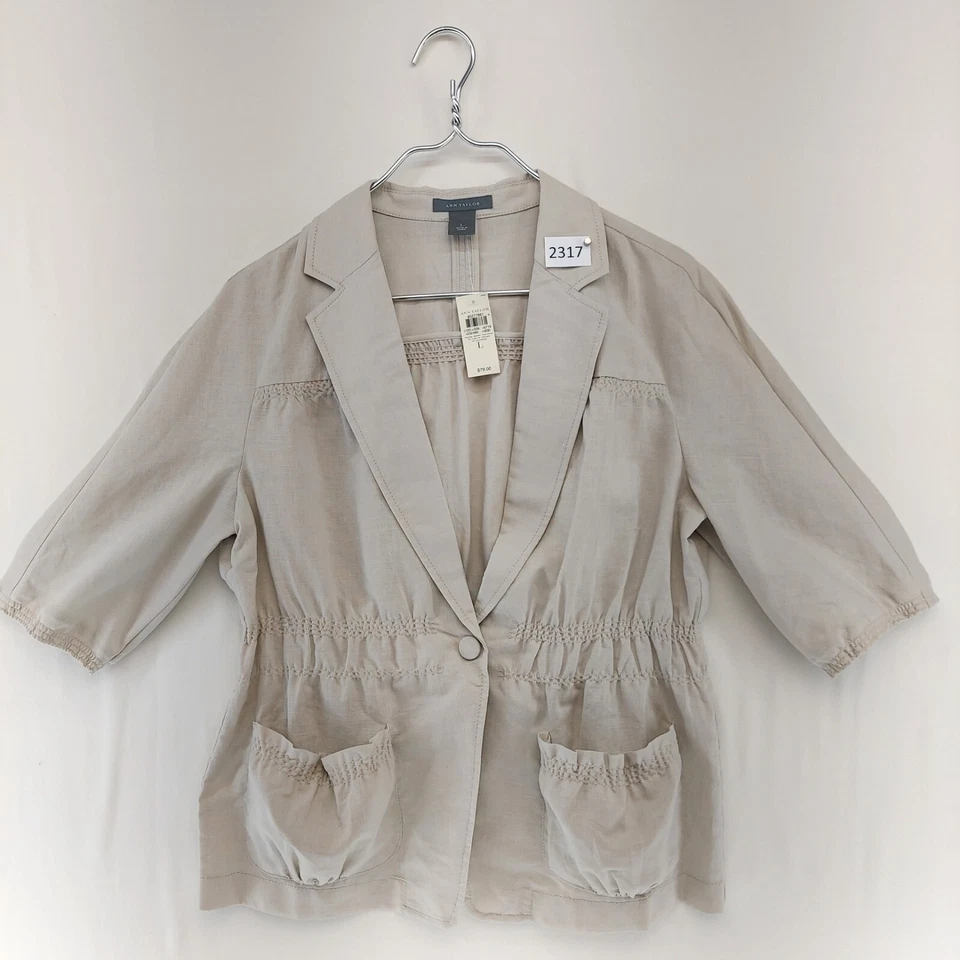 NWT $79 Ann Taylor Size L Women's Blouse/Jacket Beige Linen, Taped Seams, Snap - Image 3 of 4