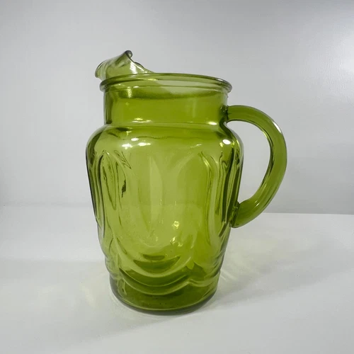 Vintage Avocado Green Glass Pitcher Decorative Embossed Design Barware