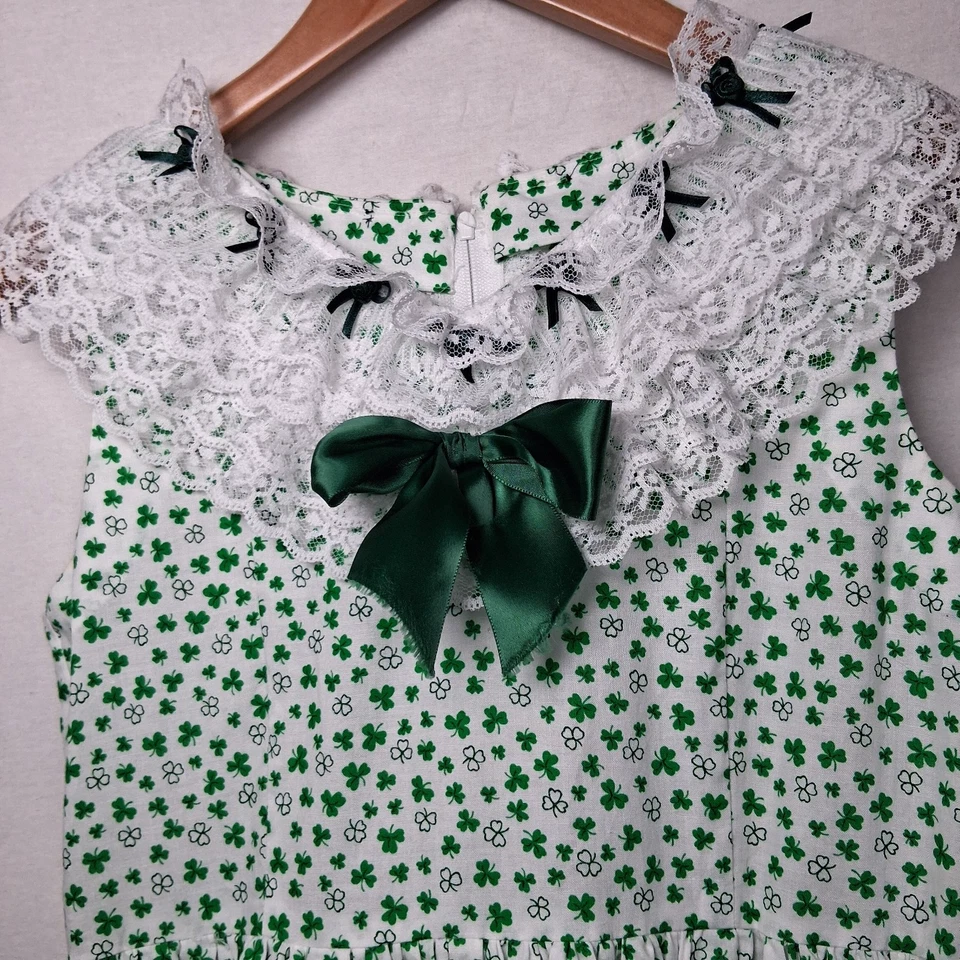 Homemade Shamrock Dress Youth Girls White Green Long Maxi Bows Lace Irish - Image 4 of 4