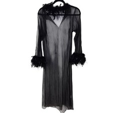 Black Sheer Mesh Robe Feather Cuffs Collar Long Boudoir Lingerie