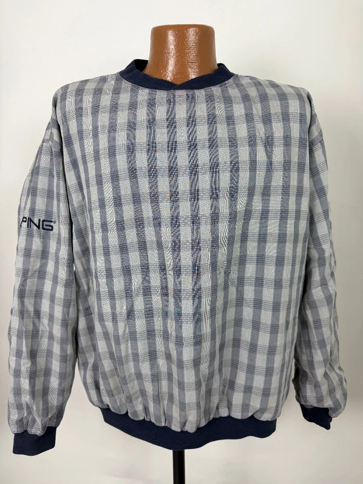 Pullover vintage años 90 PING Golf cortavientos para hombre gris medio mínimo forrado Preppy Foto 2 de 4