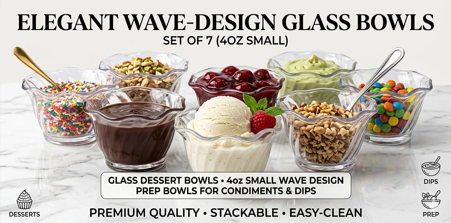 Glass Dessert Bowls 4oz Small Wave Design Prep Bowls for Condiments & Dips 7Pcs