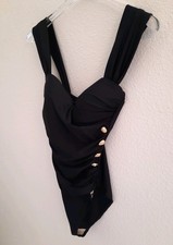 Vintage Gottex One Piece Black Ruched Swimsuit With Gold Sea Shell Buttons