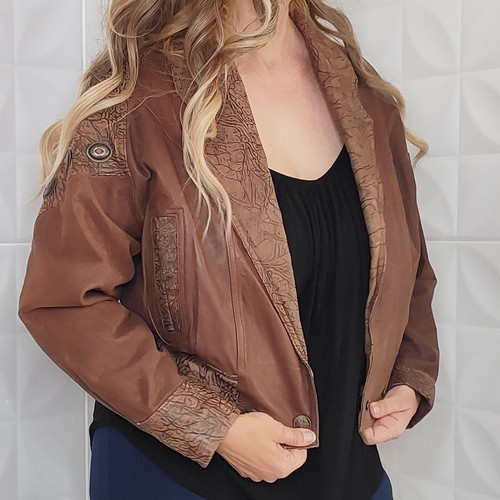 Chaqueta Bomber Vintage Años 80 Cuero Recortado G-III Marrón Vaquera Occidental Concho S - Imagen 10 de 16