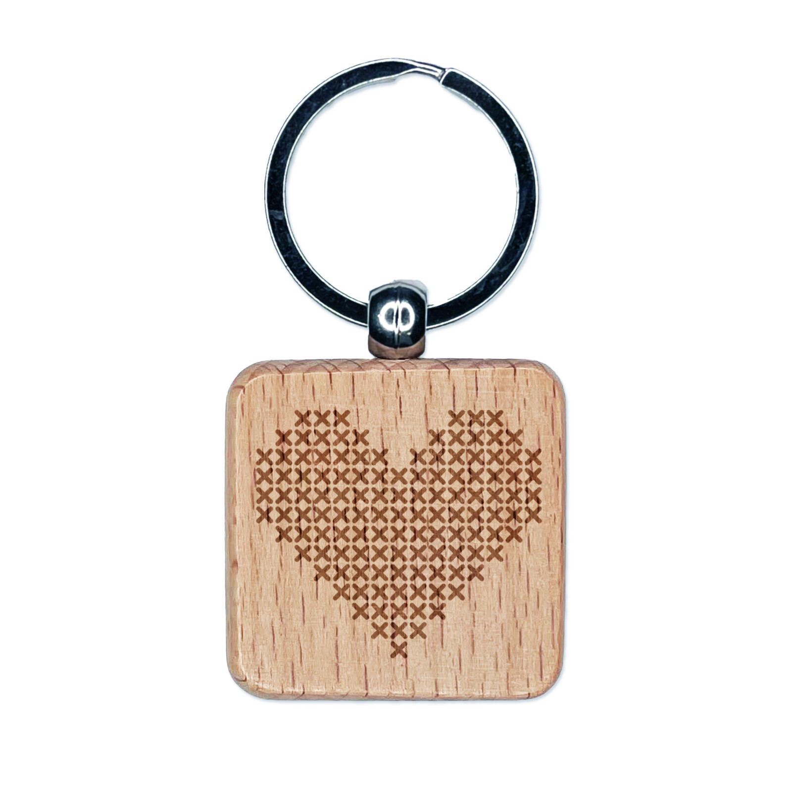 Cross Stitched Heart Engraved Wood Square Keychain Tag Charm