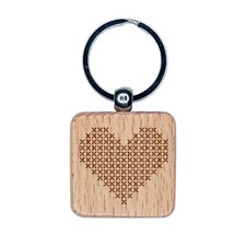 Cross Stitched Heart Engraved Wood Square Keychain Tag Charm