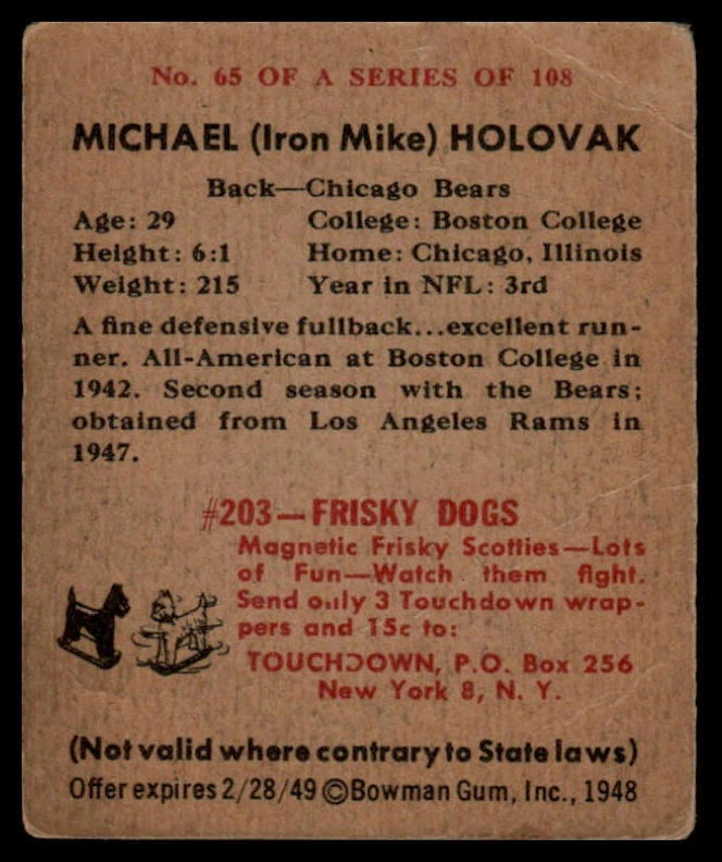 1948 Bowman #65 Mike Holovak - Image 2 of 2
