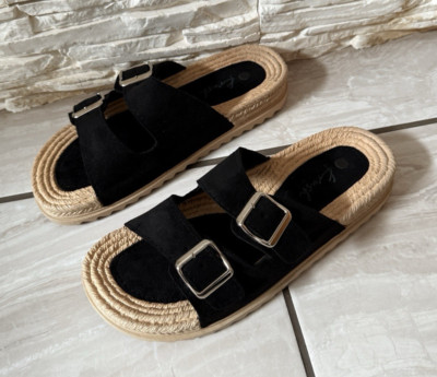 Damen Schwarz Espadrilles Sandalen Sommer Sliders Slipper Pantolette Mode Schuhe Größen