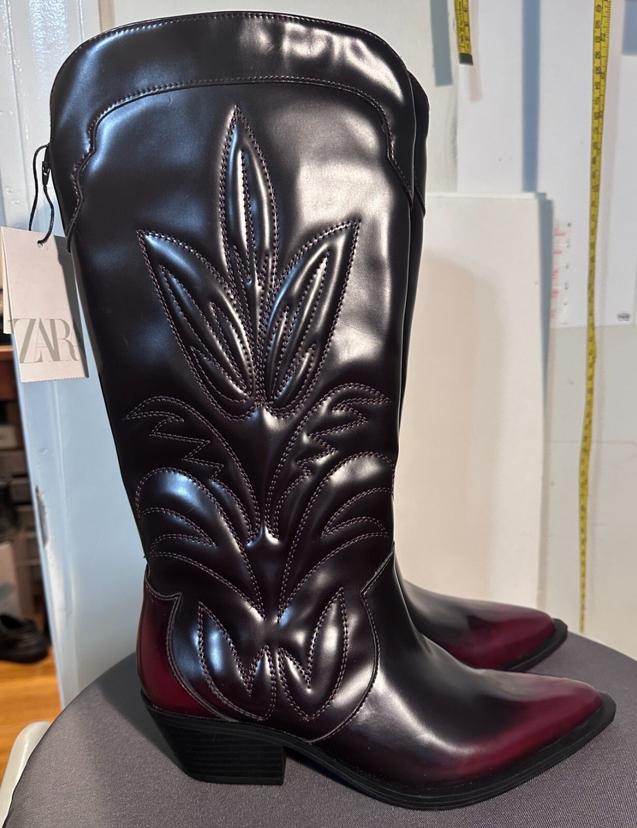 ZARA AW24 BURGUNDY EMBROIDERED COWBOY BOOTS REF 3014/410