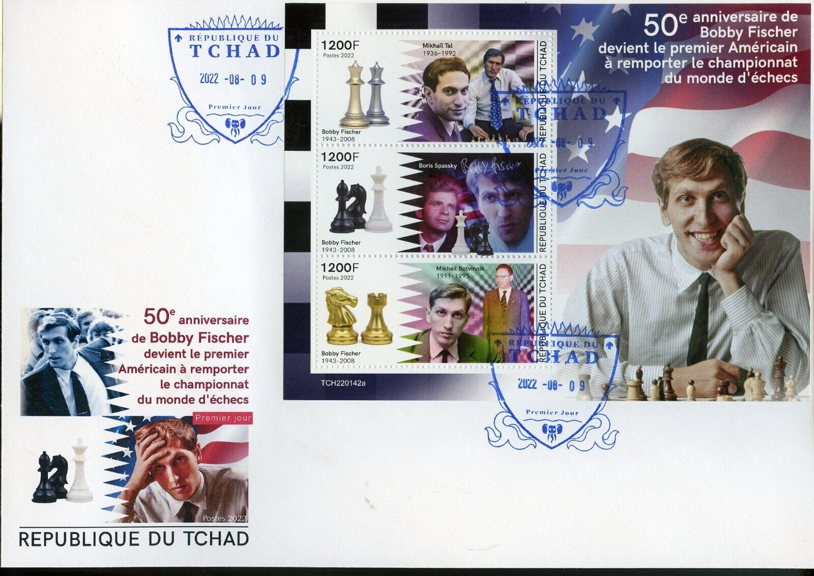  Chad - 2022 Bobby Fischer Anniversary - 3 Stamp Sheet