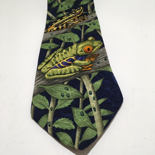 VTG Endangered Species Mens Tie Bruce's Rainforest 1996 Tree Frogs Print Silk - Picture 2 of 7