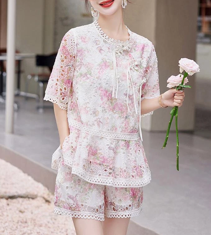 OFF WHITE Pantaloncini casual donna estate stile cinese 2 pz tuta comfort + camicia moda nuova