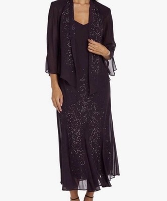 R&M Richards 2Pc Plum Formal Dress 16 Beaded Chiffon Jacket Evening Wedding  | eBay