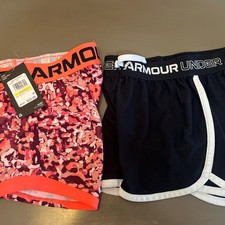 Lot Of 2 Girls Under Armour Loose Shorts Size Youth Medium Black  Camo Pink