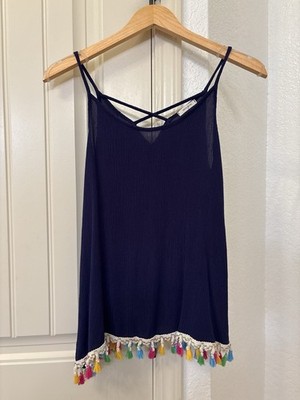 12PM by Mon Ami Small Navy Blue Tassel Hem Boho Swing Tank Top Festival