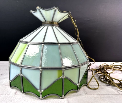Vtg LRG Tiffany Stained-Style Slag Glass Hanging Ceiling Light Fixture Pub Lamp