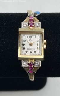 Helbros 14K Womens Yellow Gold Chain Wristwatch w/ Ruby And Diamond