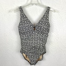 LANDS END Tummy Control One Piece Bathing Suit Size 10 Black White Padded NWOT
