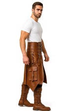 Men  s Genuine Leather Utility Kilt, Adjustable Belt Straps, Western Fashion