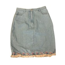 Vintage Y2K Christopher  Banks Straight Denim Skirt Embroidered Ruffle Blue 4