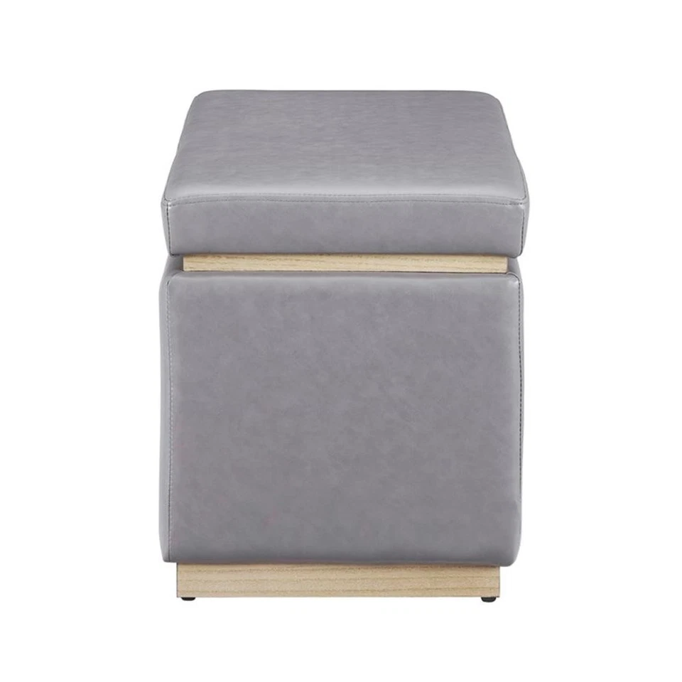 Linon Hawn Rectangle Storage Ottoman Natural Wood Trim in Grey Faux Leather - Image 4 of 4