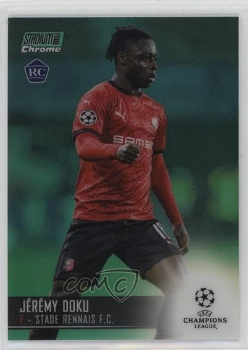2020 Topps Stadium Club Chrome UCL Green Refractor /99 Jeremy Doku #22 Rookie RC