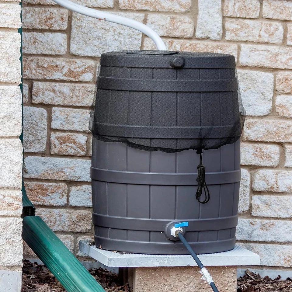 Red de cubierta de cubo de agua con pantalla de barril de lluvia, cordón de tanque colector de agua de lluvia Foto 3 de 4