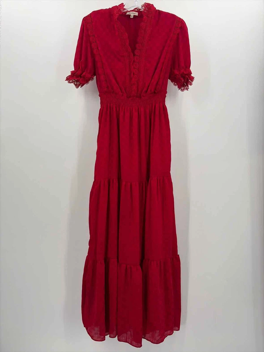 max studio red maxi dress Stunning MAX STUDIO Red Floral Print Maxi Dress with Single Flounce Hemline  M