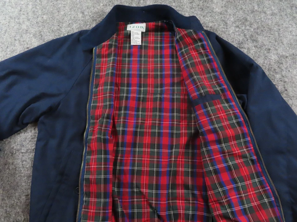 复古 Izod 夹克男式小号蓝色格子法兰绒衬里经典轰炸机外套 90 年代 — 第 2/4 张图片