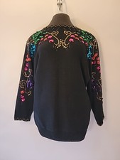Vintage Diana Marco Black Sweater Sequins Beaded V-Back Womens Size 20