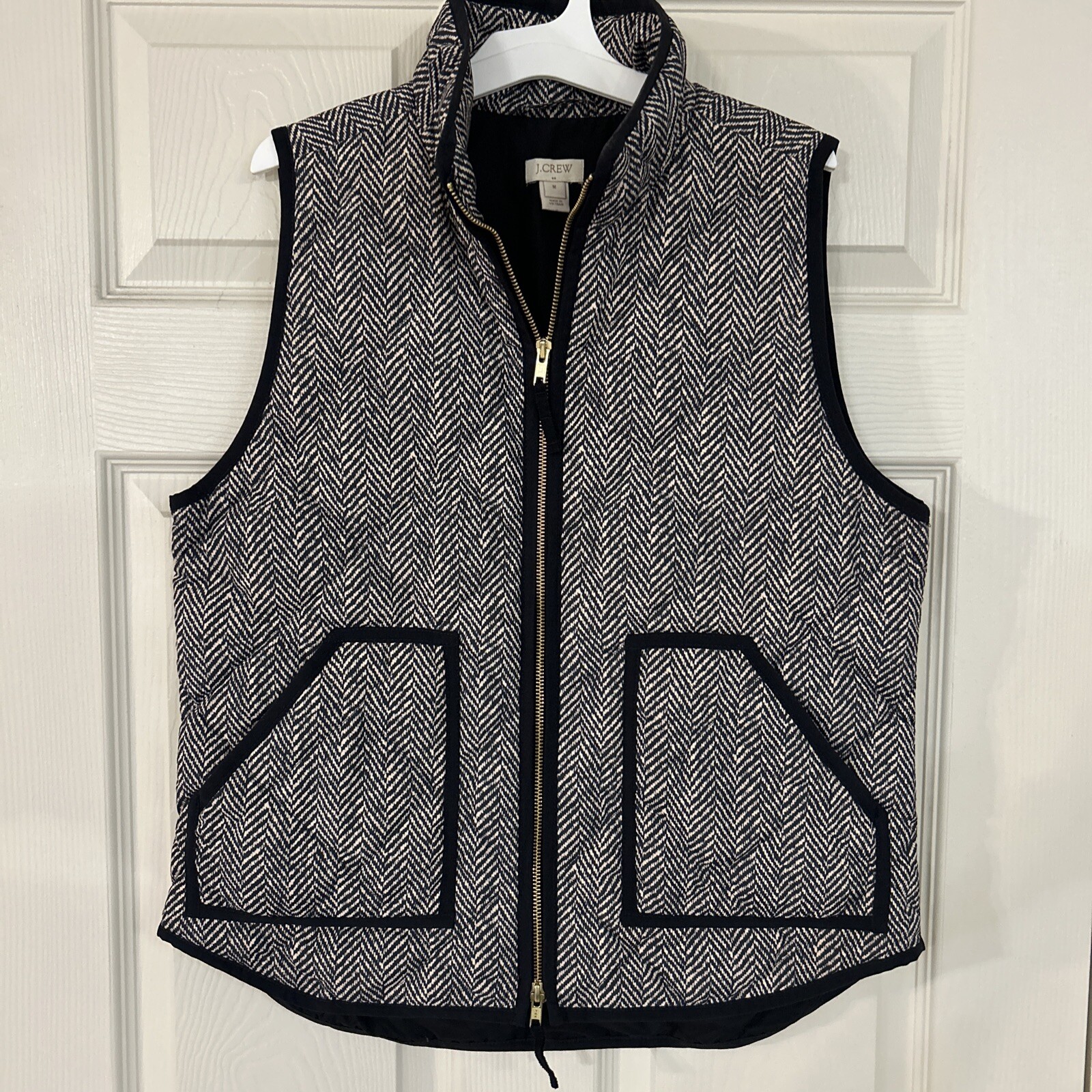 J. Crew Vest Womens Medium Beige Black Herringbone Down Insulated Quilted Puffer