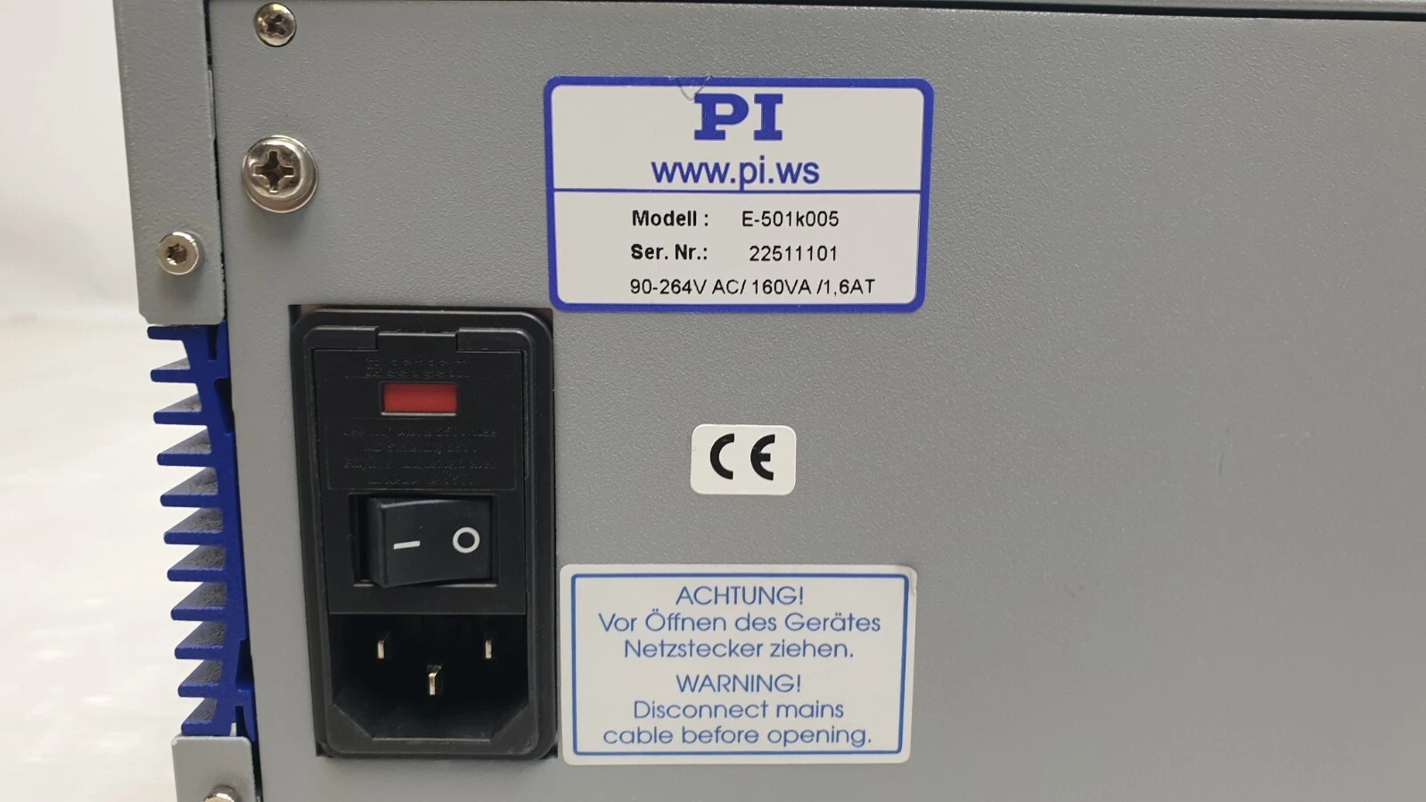 PI rear label: model E-501K005, 90-264 V AC, 160 VA, 1.6 AT fuse