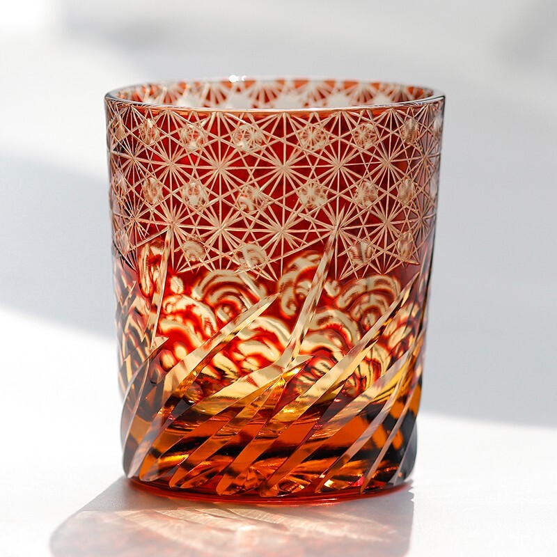 Handmade Whiskey Glasses Edo Kiriko Crystal Whisky Glass Cup Drinkware 9oz Red-image