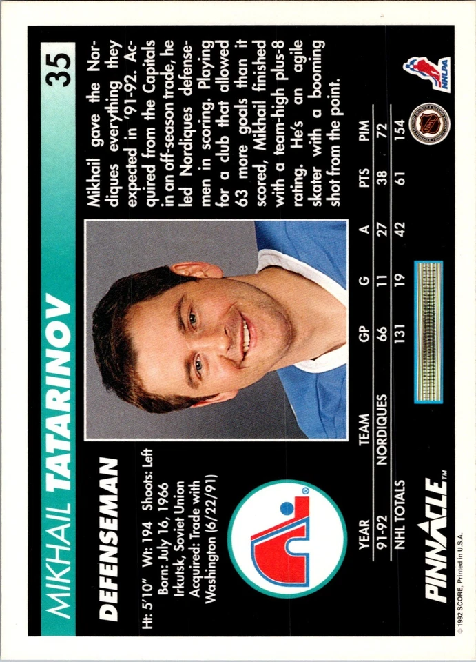 1992-93 Pinnacle - #35 Mikhail Tatarinov - Image 2 of 2