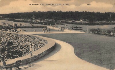 Swimming Pool  Bathers Scene Sebasco Estates Phippsburg,ME Vtg 1940's Postcard 