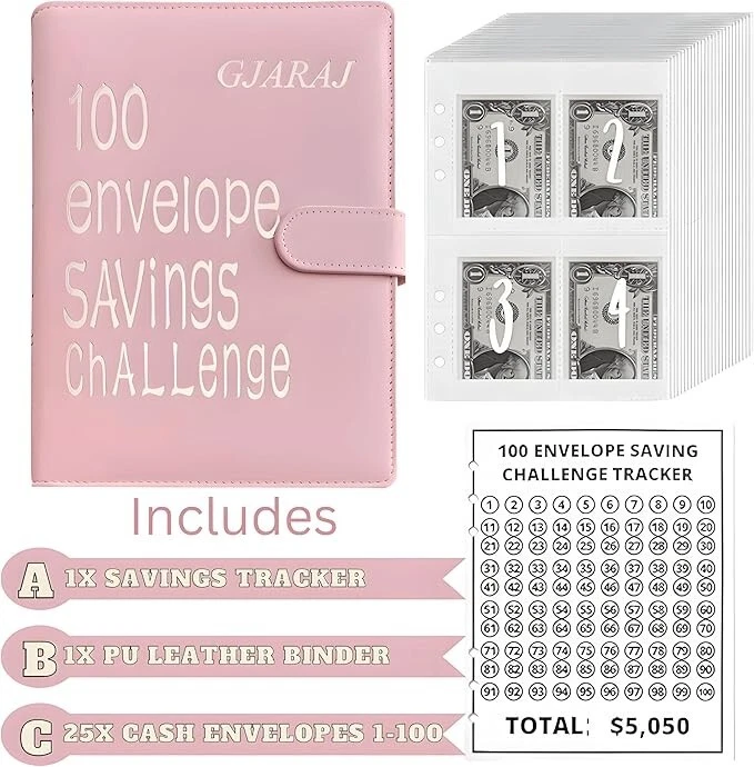 100 Sobres Carpeta Desafío Ahorro Dinero, Carpeta Tamaño A5 (ROSA)  Foto 3 de 4