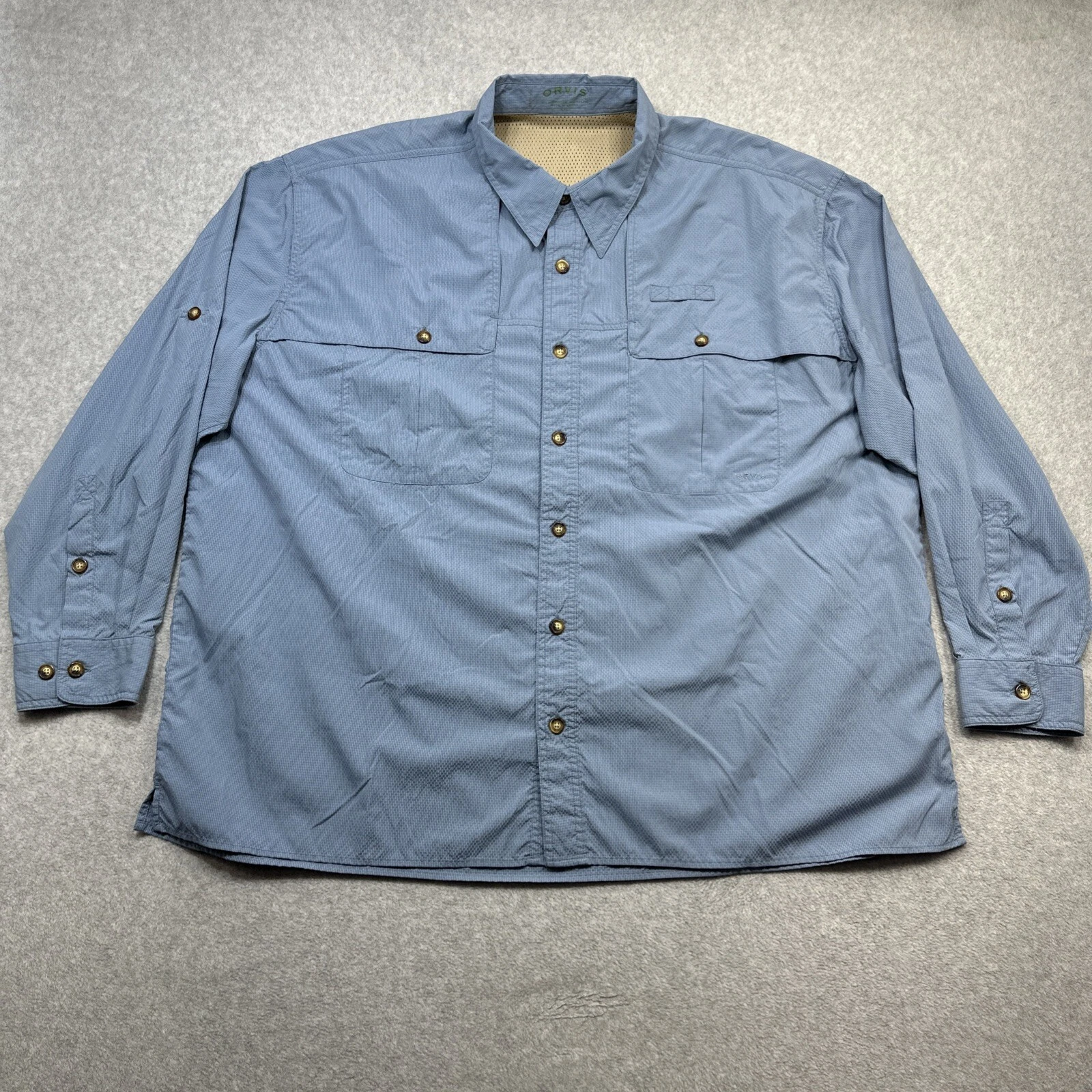 Orvis Shirt XXL Blue Check Vented Fishing Hiking Outdoor Roll Tab Performance