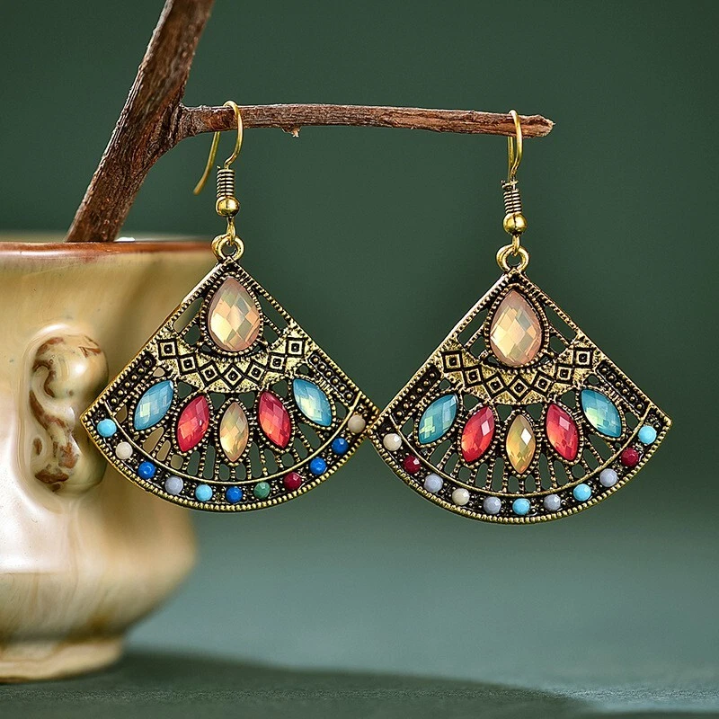 Gorgeous Women Ancient Gold Bohemian Earrings Hollow Color Fan Style Tassel 1505 - Image 3 of 4