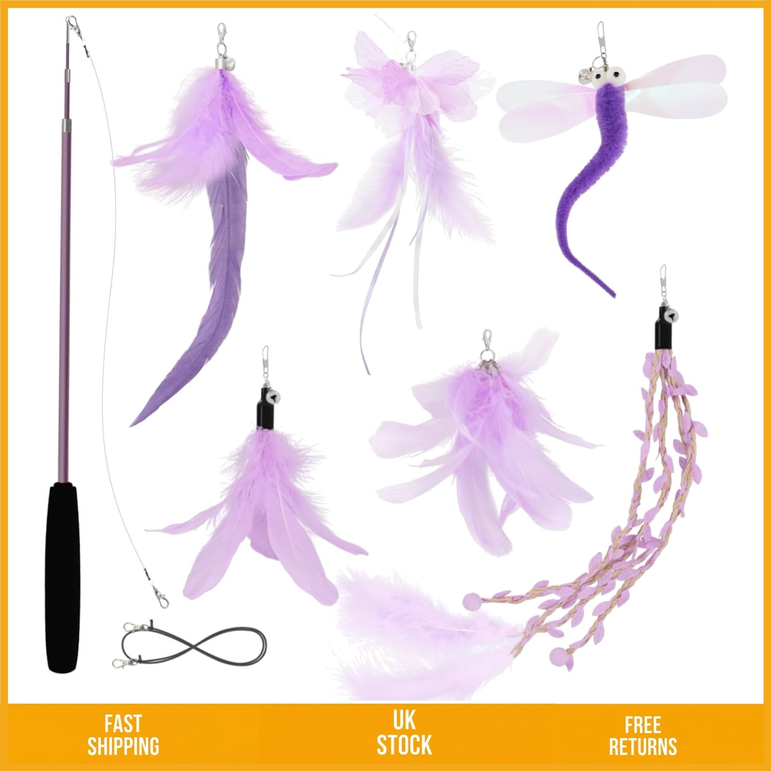 Interactive Retractable Wand Teaser with 7 Piece Feather and Dragonfly Refills