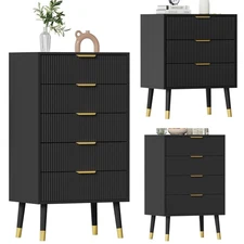 Black Modern Fluted Chest of Drawers 3/4/5 Drawer Cabinet Bedroom Dresser Wooden