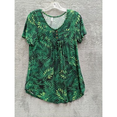 Tropical Palm Leaf Print Tunic Top Womens Medium Green Short Sleeve Henley Boho