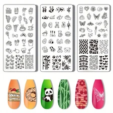 1set 3pcs Panda Nail Stamper Food Nail Art Stamping Plate Cake Nail Printing