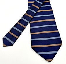 VTG Brooks Brothers Tie Silk Blue Tan Horizontal Stripe Ribbed Dress MADE CANADA