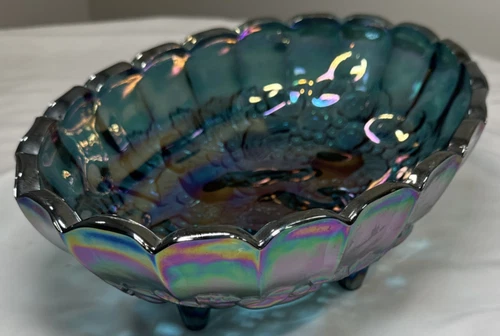 Vtg Indiana Carnival Glass Footed Oval Fruit Bowl Harvest Grape Blue Iridescent