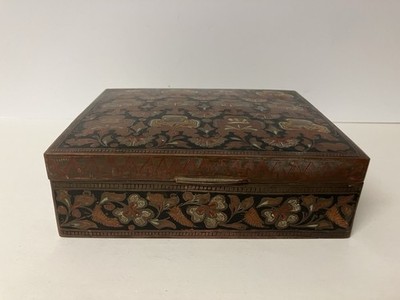 Vintage Brass & Metal Hinged Box Inlaid Etched Cigar Trinket Nice!