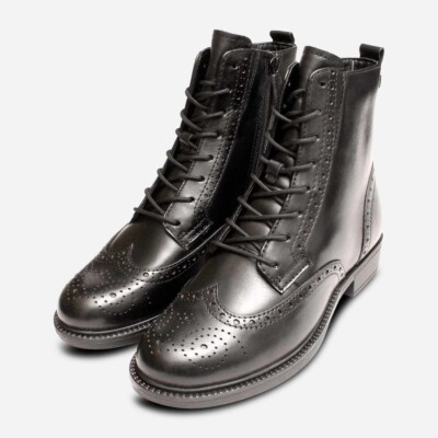 Tamaris Full Brogue Zip Ankle Boot in Black Leather